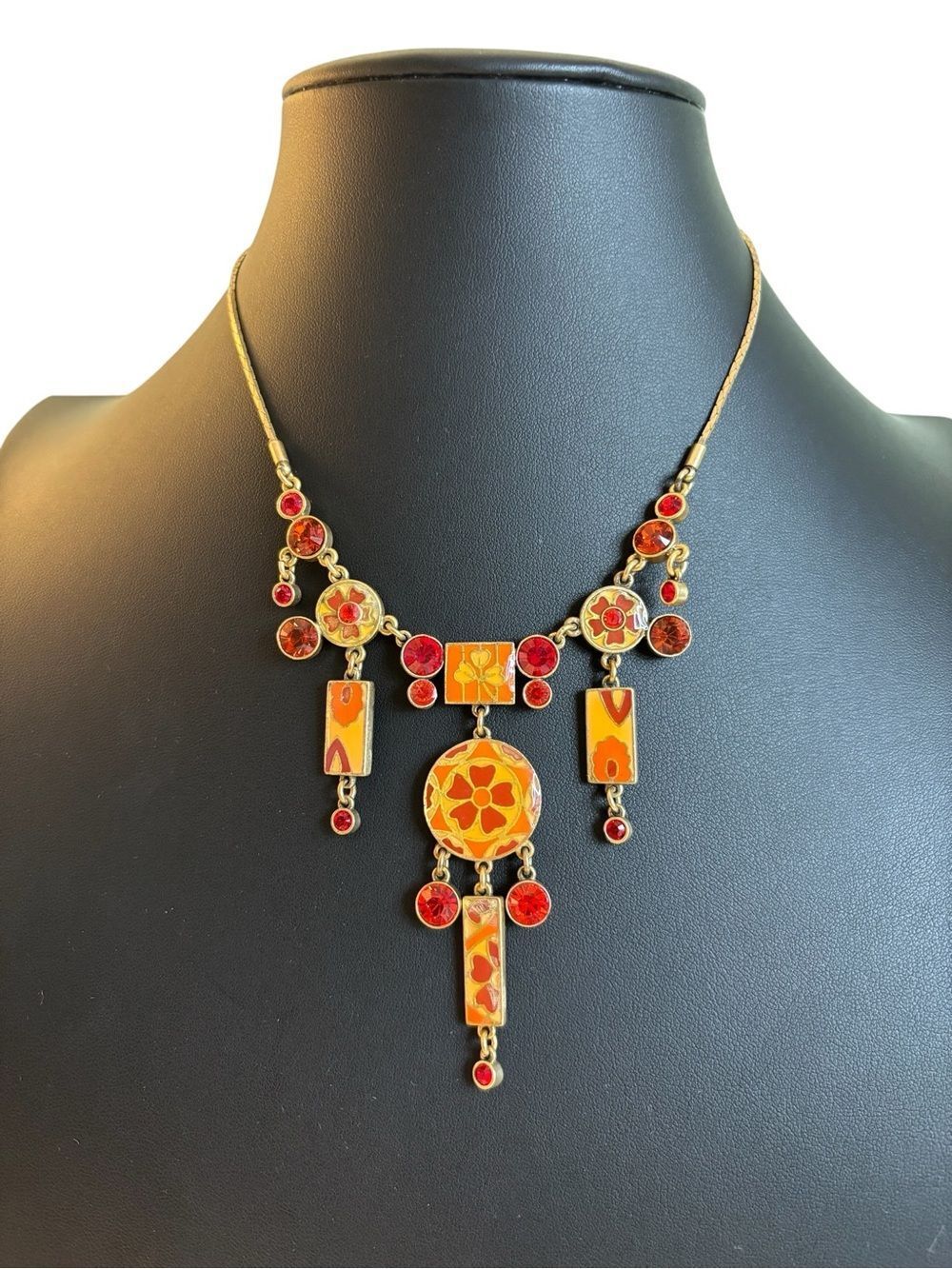 Danish Designed Copper Colored Jeweled Necklace w/ Red and Orange Enamel Motifs